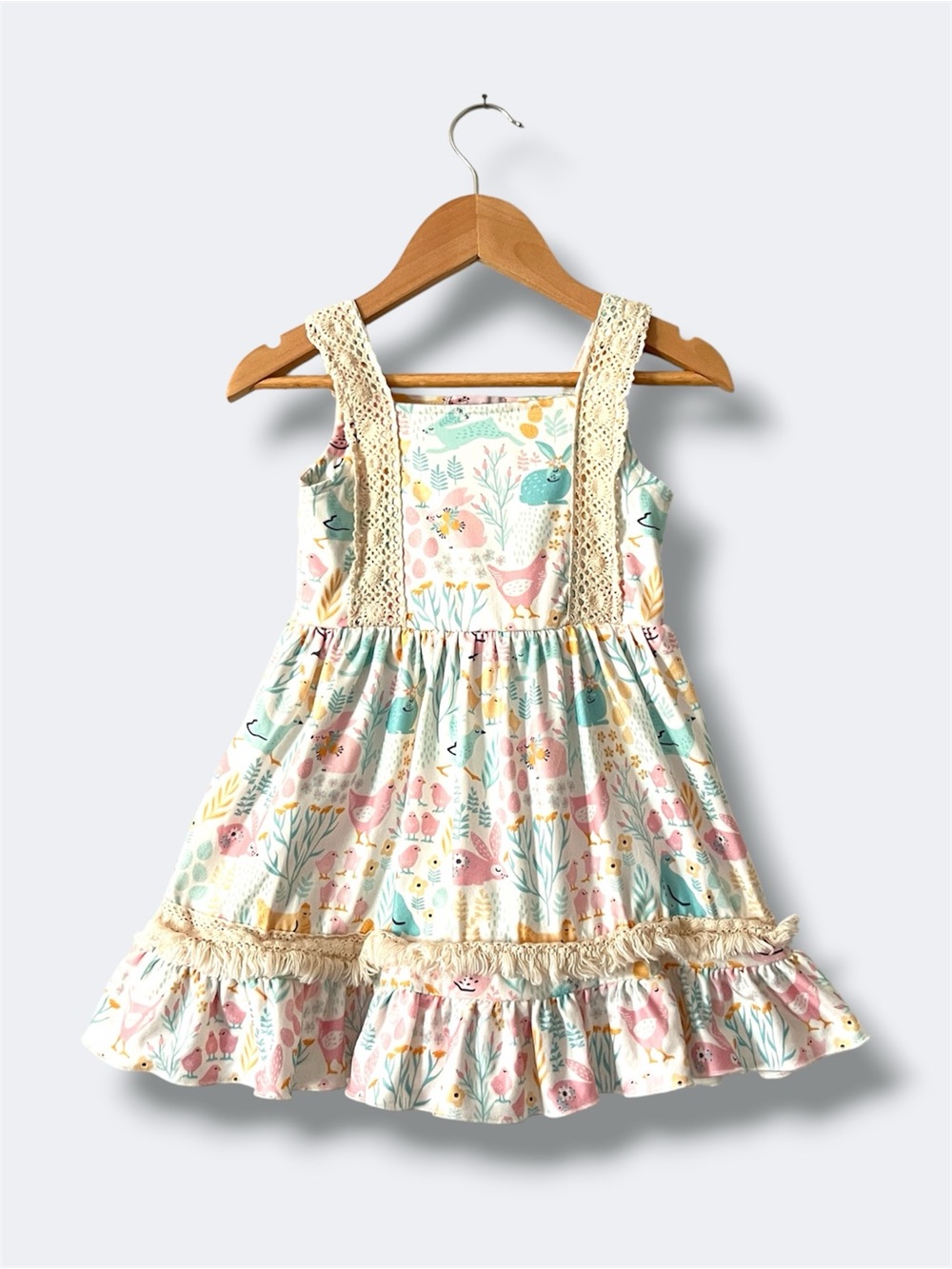 🦄 3/$36 Clover Cottage Dress Girls 2T Chicken Bunny Floral Crochet Ruffle